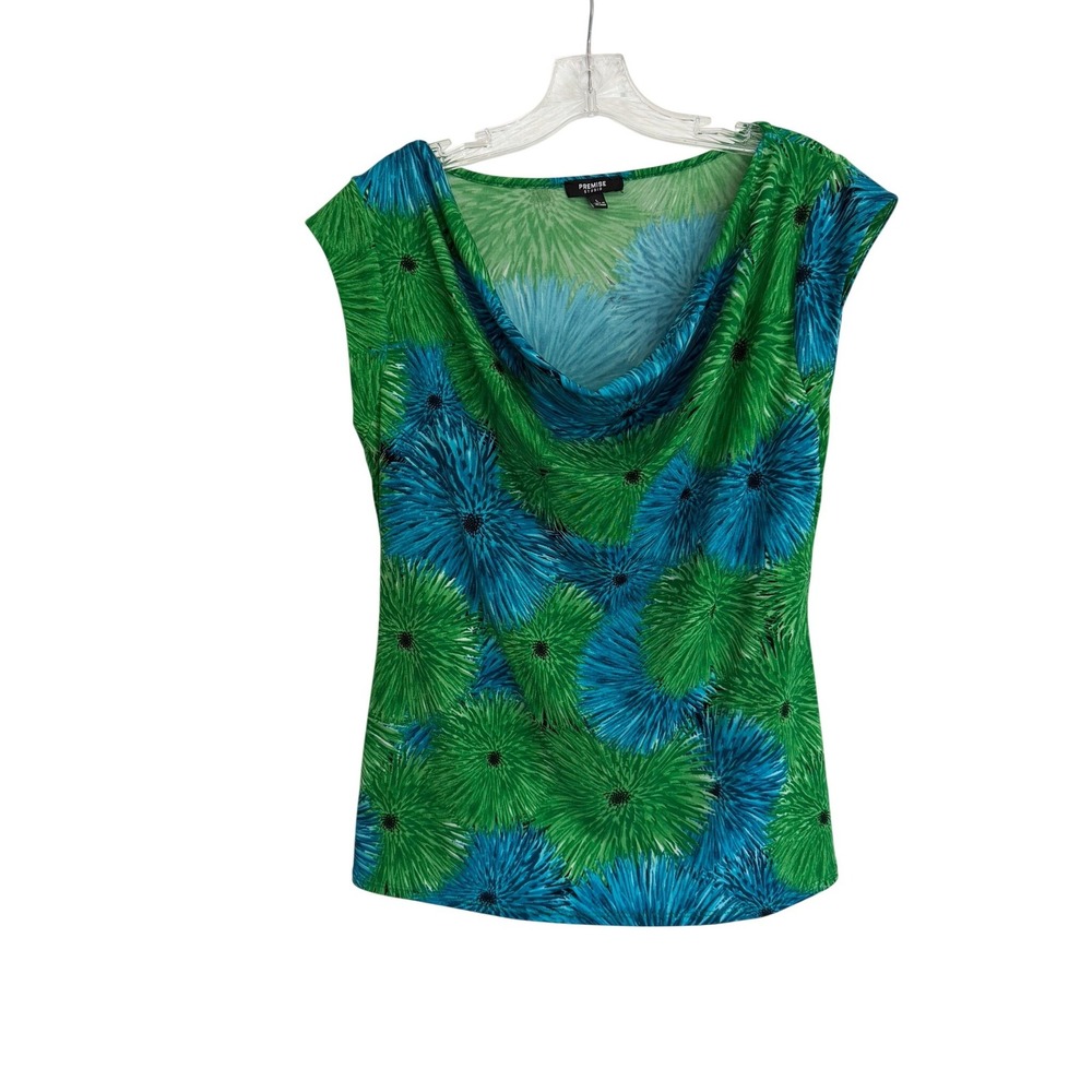 Premise Studio Womens Green Blue Floral Cowl Neck Sleeveless Blouse Large